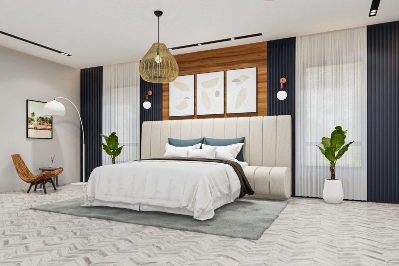 Contemporary bedroom featuring sleek decor, a large window, and ample natural light.